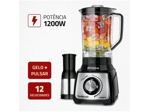 Liquidificador Mondial Turbo L-1200 BI com Filtro 12 Velocidades 1200W Inox Preto - 220V